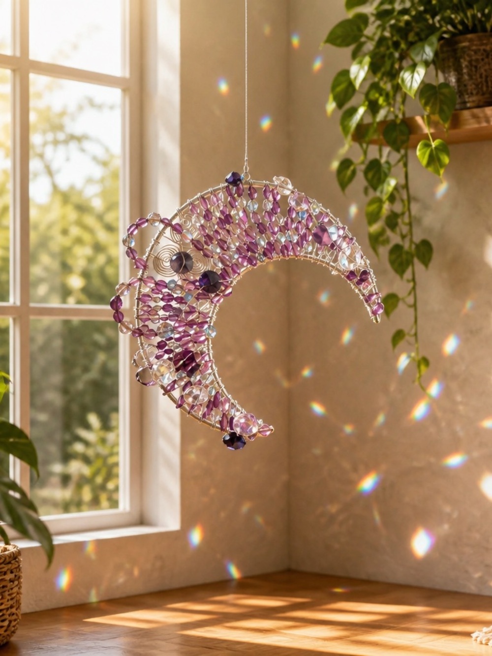Sun Catcher Amethyst Moon with Crystal beads. Hand created